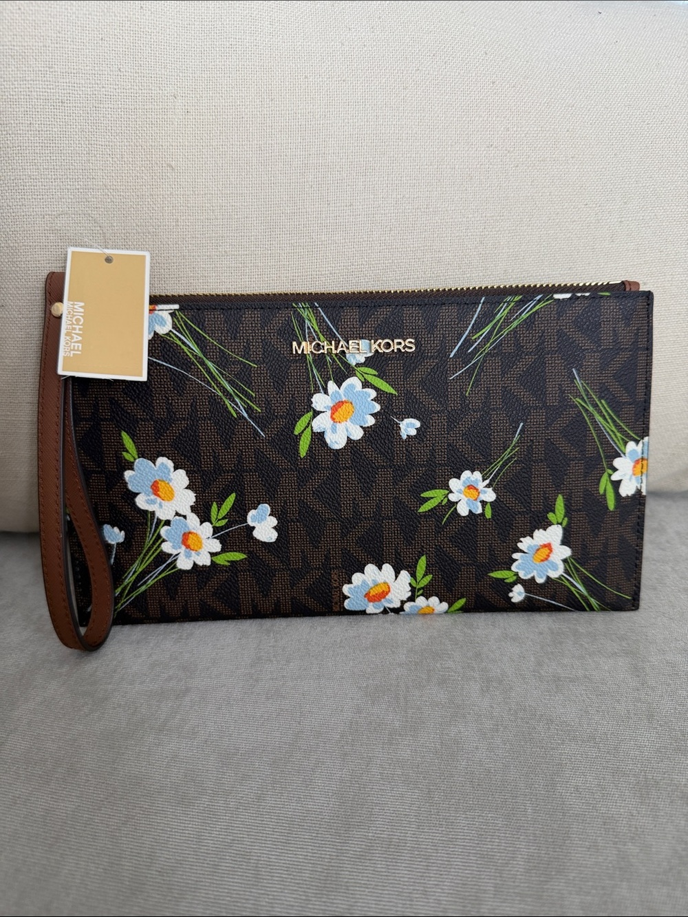 Michael Kors Brown Floral Logo Wristlet Clutch